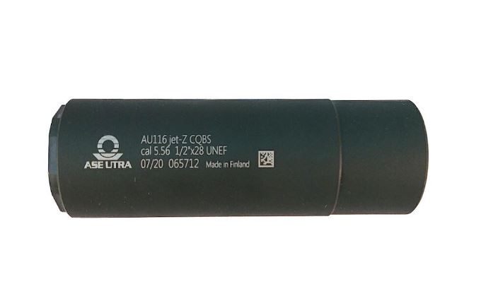 Ase UTRA Tłumik jet-Z CQBS .223 1/2"x28 UNEF, Finlandia, masa: 420g, 23-25 dB; dł. 12,5 cm, śr: 4,0 cm; tłumik wyprodukowany i przeznaczony na rynek cywilny AU116