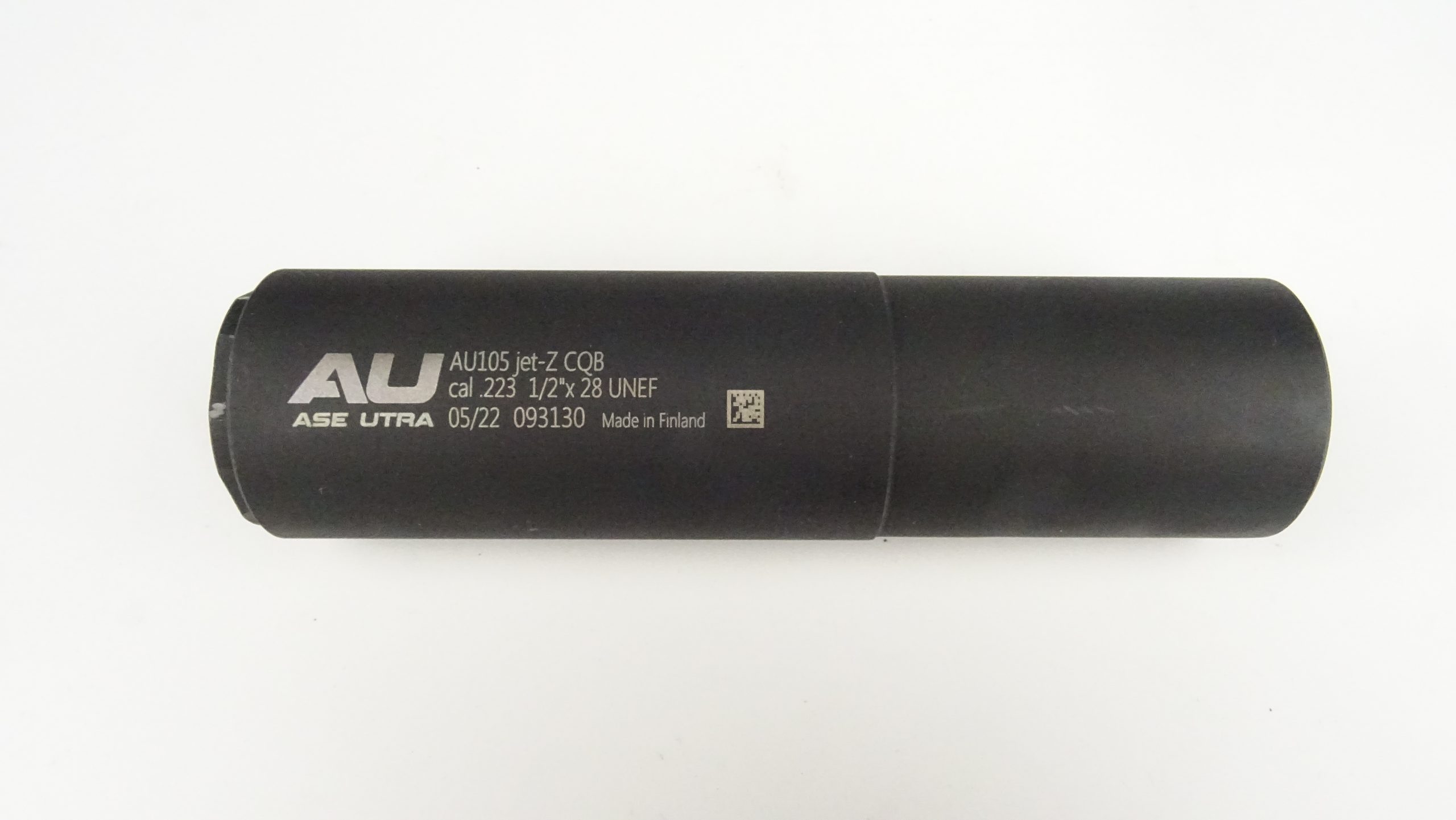 Ase UTRA Tłumik jet-CQB .223 1/2"x28 UNEF, Finlandia, masa: 500g, 28-32 dB; dł: 15cm, śr: 4cm; tłumik wyprodukowany i przeznaczony na rynek cywilny