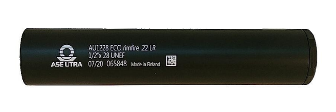 Ase UTRA Tłumik ECO .22LR 1/2"x28 UNEF Finlandia, masa: 105g, 32-38 dB przy lewym uchu, dł: 14cm, śr: 2,8cm, 12,5cm długośćdodana, tłumik wyprodukowany i przeznaczony na rynek cywilny