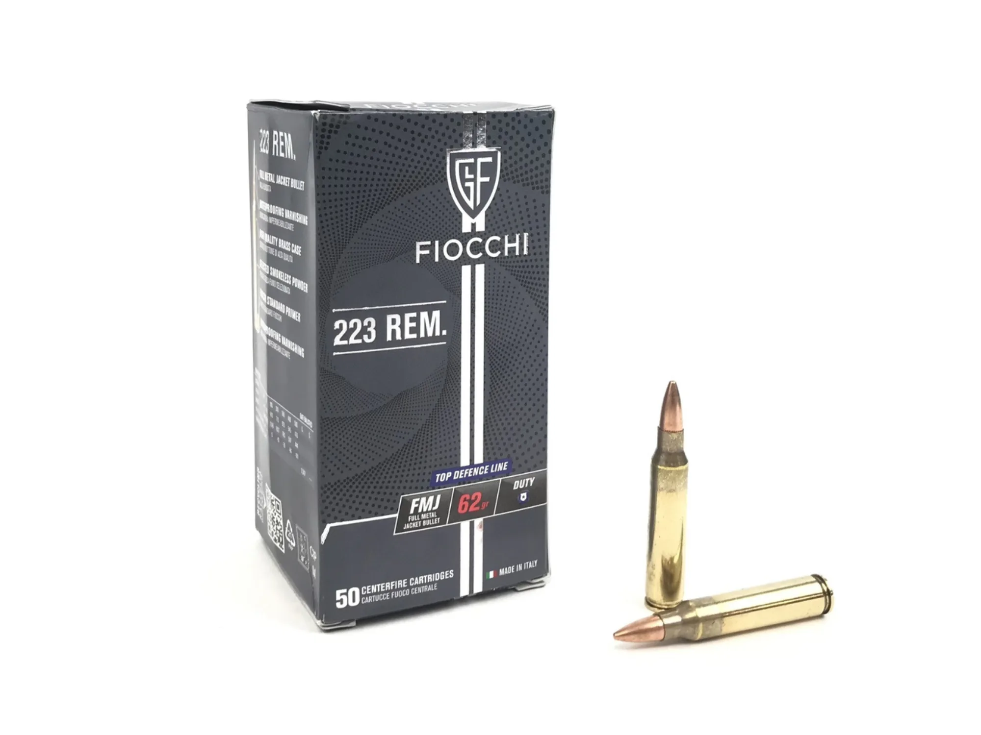 Paczka amunicji Fiocchi .223 REM FMJ 62gr na białym tle