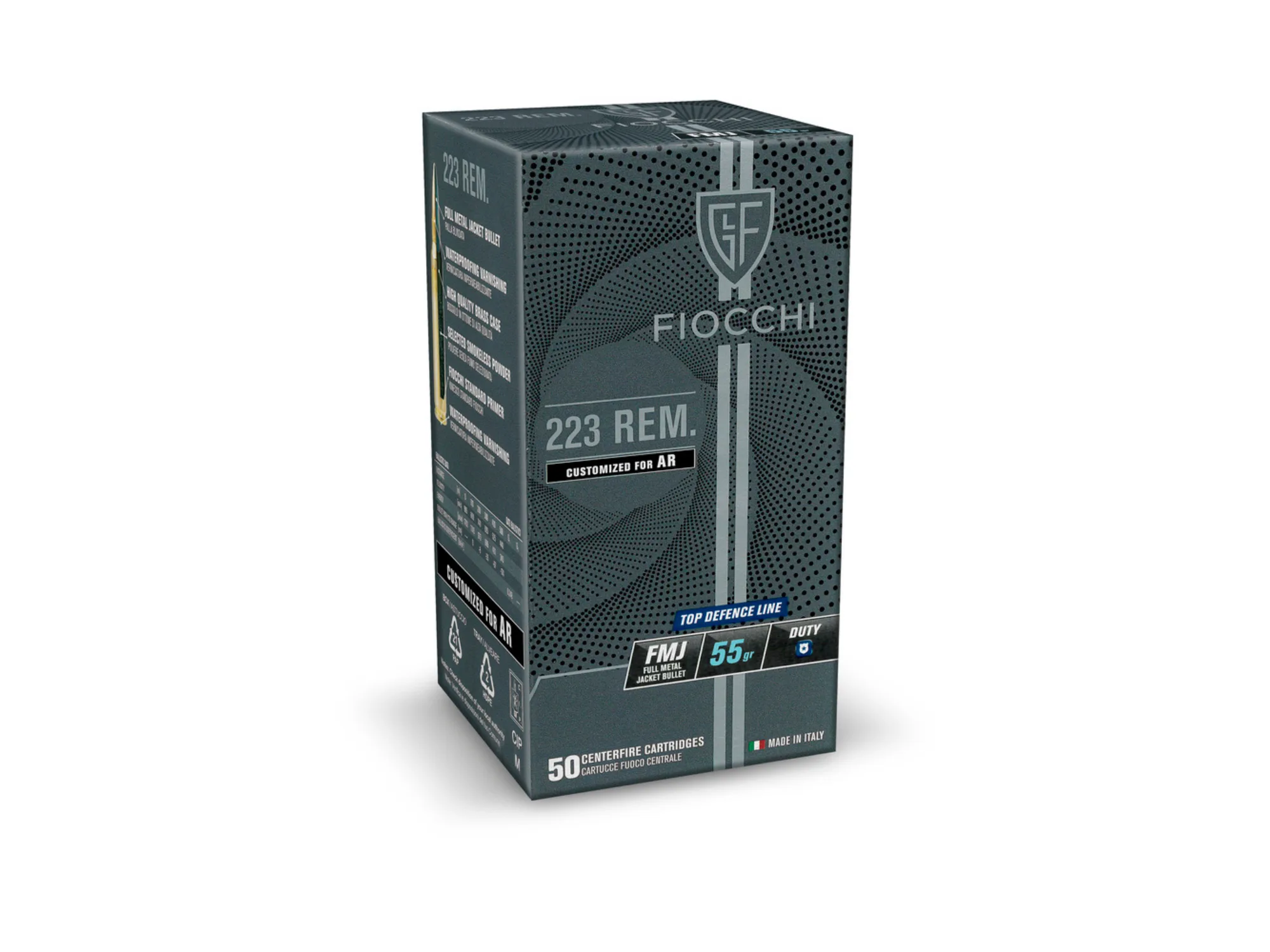 Paczka amunicji Fiocchi .223 REM L.E. FMJ 55gr na białym tle