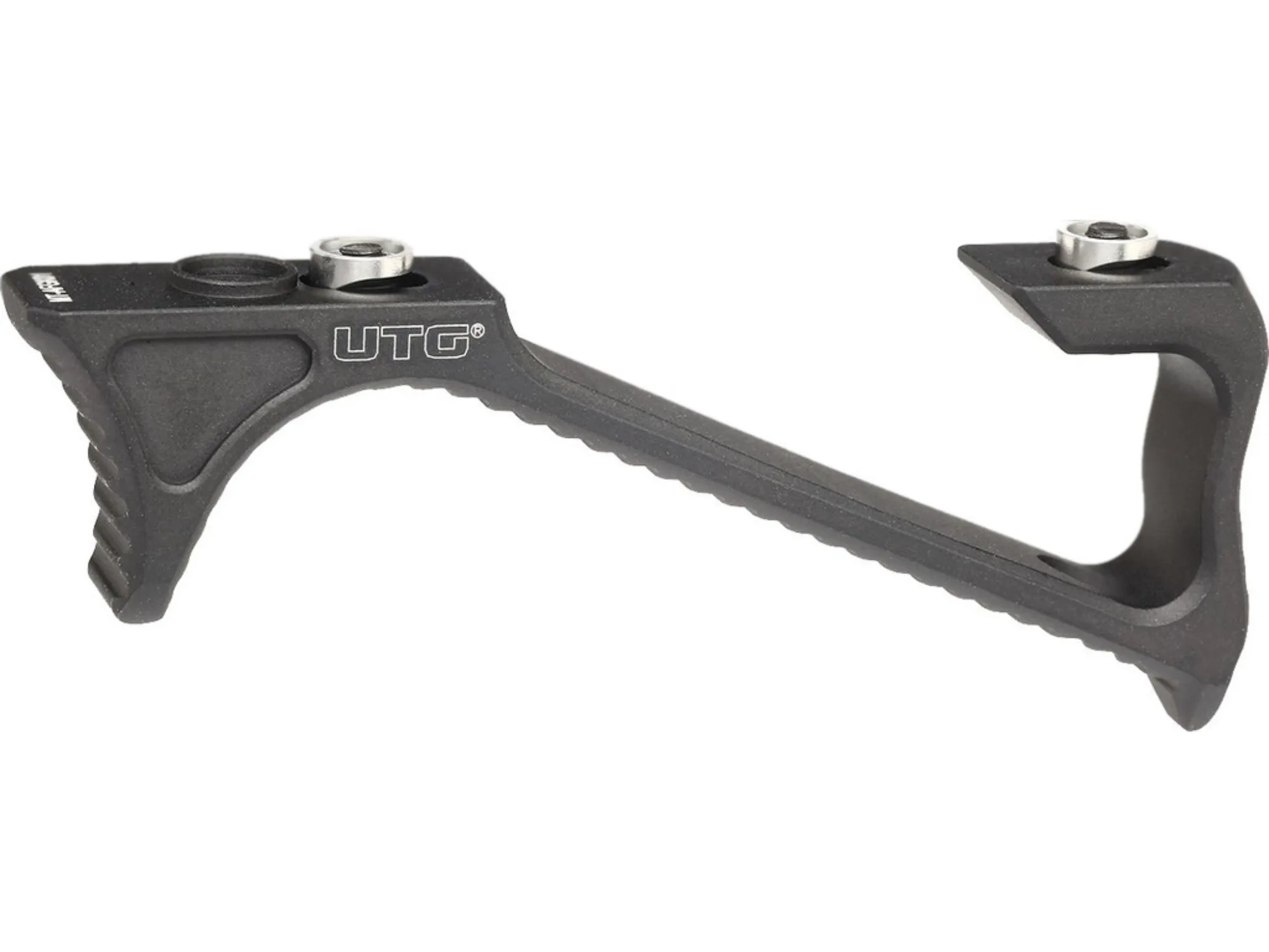 Chwyt przedni kątowy Leapers UTG Ultra Slim KeyMod czarny zamontowany na karabinku sportowym.